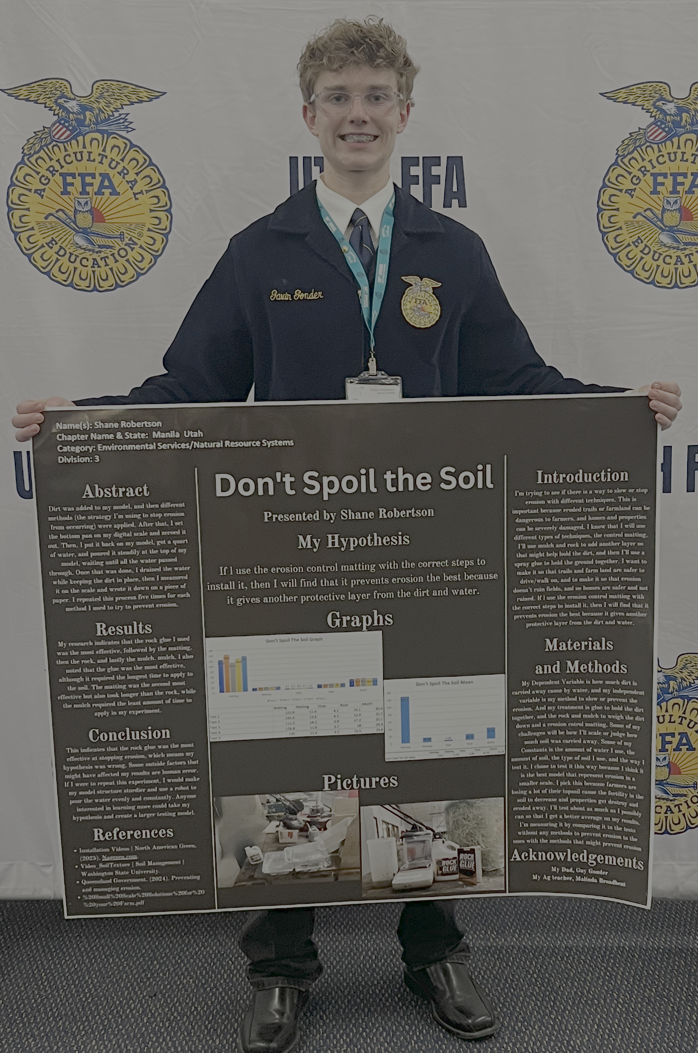 A young person in an FFA jacket proudly displays a science fair poster titled 'Don't Spoil the Soil.'